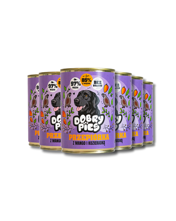 ZESTAW 12 szt. Mokra karma dla psa Przepiórka z indykiem, mango i kozieradką 400g (Kopia)