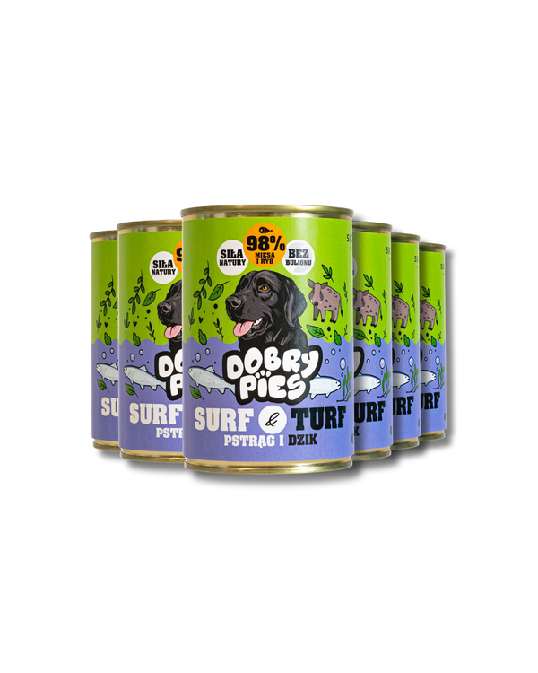 ZESTAW 12 szt. Mokra karma dla psa Pstrąg i Dzik z kozieradką 400g